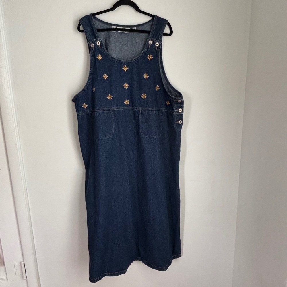 Vtg Denim Jumper Dress Cottage Modest Blue Floral Embroidery Western Boho Sz 3X